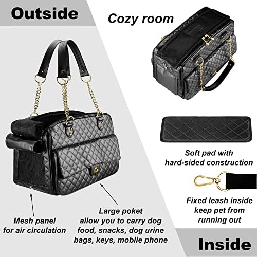 Fashion Dog Purse Carrier for Small Dogs with Large Pockets, Holds Up to 8lbs Quality PU Leather Pet Carrier, Cat Carrier, Airline Approved Puppy Purse Carrier for Travel (Black, Small Size)