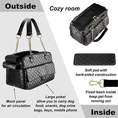 Fashion Dog Purse Carrier for Small Dogs with Large Pockets, Holds Up to 8lbs Quality PU Leather Pet Carrier, Cat Carrier, Airline Approved Puppy Purse Carrier for Travel (Black, Small Size)