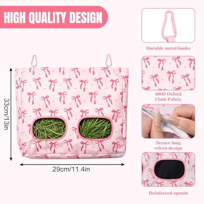 JarThenaAMCS 2Pcs Rabbit Hay Feeder Bag with 2 Holes Pink Bow Guinea Pig Hanging Hay Feeding Bag Large Storage Dispenser for Chinchilla Hamster Bunny Small Animal Pet