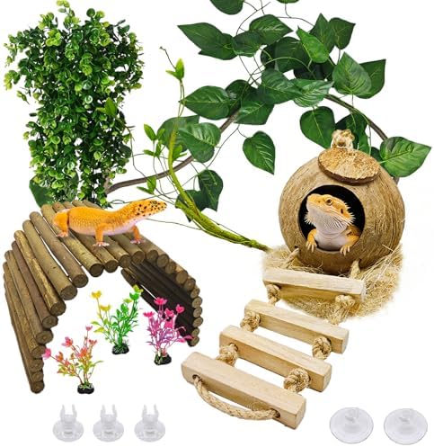 9PCS Reptile Crested Gecko Hide Coconut Hut Climbing Ladder Plants Decor