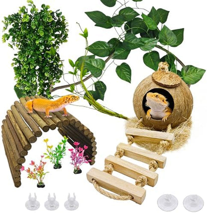 9PCS Reptile Crested Gecko Hide Coconut Hut Climbing Ladder Plants Decor