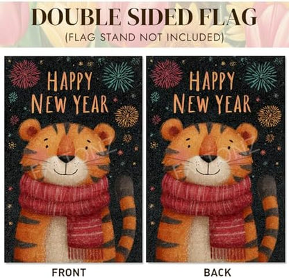 Happy New Year Garden Flag 12x18 Double Sided Vertical Linen Small Fireworks Tiger House Flag Welcome Holiday Winter House Outdoor Outside Decorations (27169)