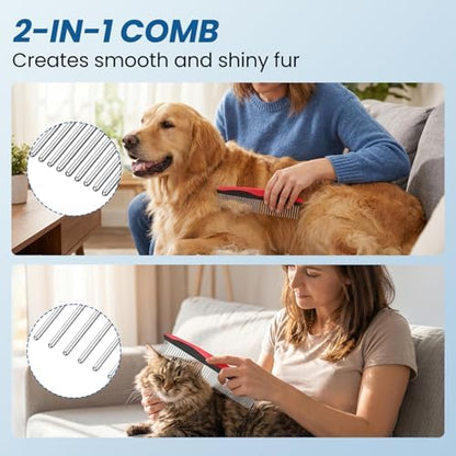 Pet Grooming Rake for Dogs and Cats - 4-in-1 Deshedding Dematting Kit with Double-Sided Undercoat Rake and Metal Comb for Long & Short Haired Pets, Reduces Shedding 95%