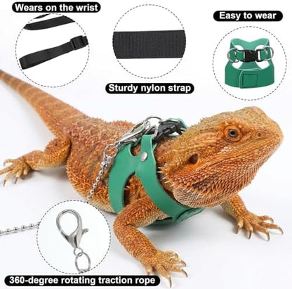 3 Pack Bearded Dragon Leash and Harness Set 3 Size Adjustable Lizard Harness Bearded Dragon Outfits for Reptile Small Animals Training Walking, Easy to Put on and Take Off (Green)