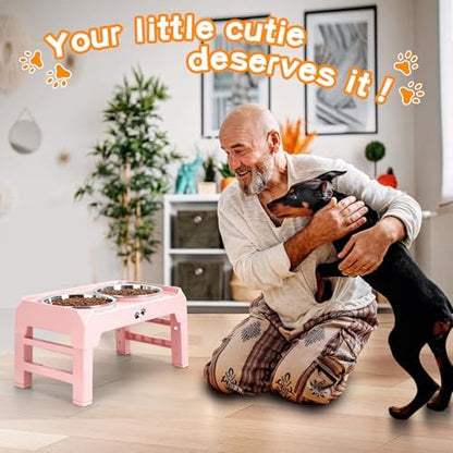 COMESOON Elevated Dog Bowls, 4 Height Adjustable Raised Bowl Stand with 2 Thick 50oz Stainless Steel Food Bowls Non-Slip Feeder Adjusts to 3.7'', 9.2'', 10.75'', 12.36'' Pink