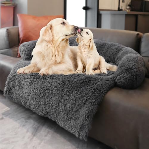 Calming Dogs/Cats Bed Mats, Dog Pad Washable Removable Couch Cover, Plush Long Fur Mat for Pets, Waterproof, Perfect for Small, Medium and Large Dogs and Cats (Dark Gray, 41"x37"x 6.0")