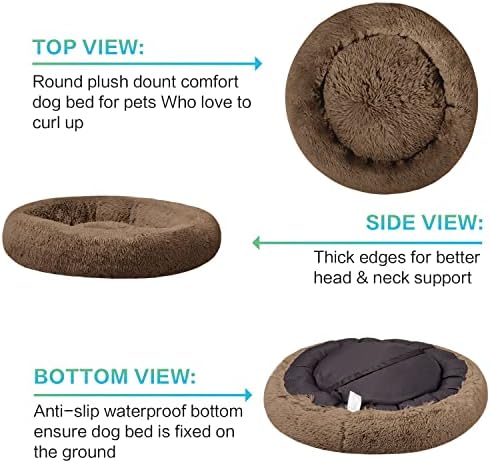 SAVFOX 54 inches Calming Donut Dog Bed - 3X Durable Plush Faux Fur, Machine Washable & Non-Slip, Fits up to 210 lbs, Removable Cover, Brown