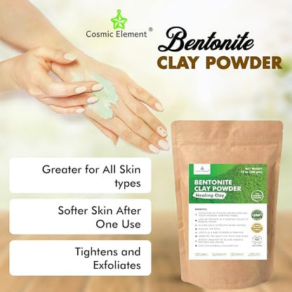 Cosmic Element 100% Pure Calcium Bentonite Clay Powder - Bentonite Clay Food Grade, Vegan, Healing Clay | Skin Care Detox - Deep Pore Cleansing Face & Body Mask for Soft, Smooth, Refreshed Skin | 12oz