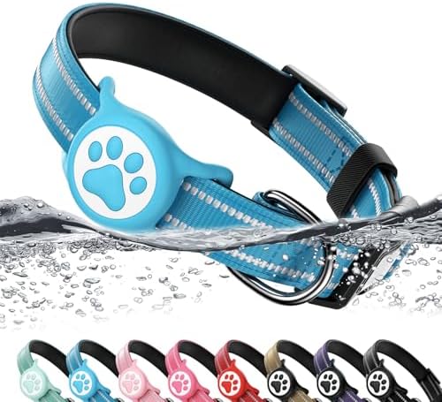 Premium Airtag Dog Collar，with IP68 Waterproof AirTag Holder,Blue,L
