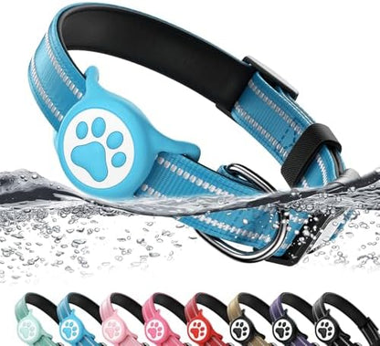 Premium Airtag Dog Collar，with IP68 Waterproof AirTag Holder,Blue,L