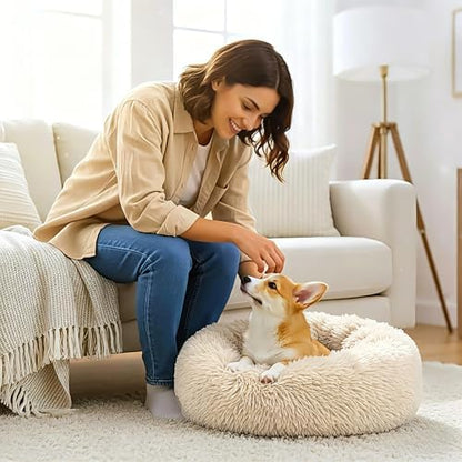 Calming Donut Dog Bed for Small Dogs, Anti-Anxiety Round Washable Plush Fluffy Faux Fur Large Cat Bed, 24 inches Fits up to 25 lbs Pets, Anti-Slip Waterproof Mute Base Light-Brown