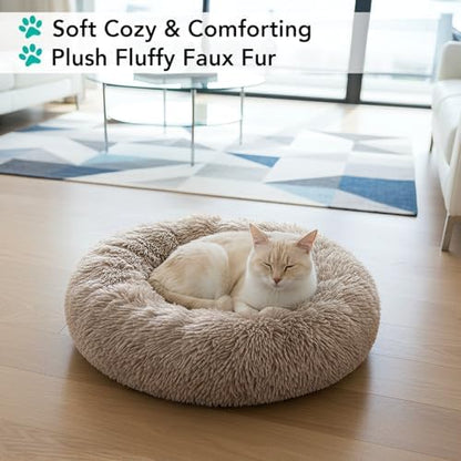 PetAmi Calming Donut Dog Bed, Washable Faux Fur, 23 Inch Small, Taupe