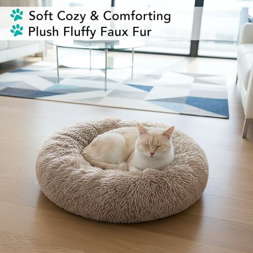 PetAmi Calming Donut Dog Bed, Washable Faux Fur, 23 Inch Small, Taupe