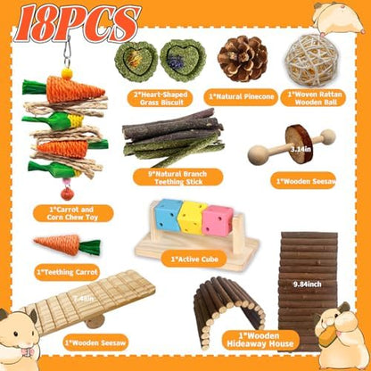 Rabbit Toys Bunny chew/Guinea Pig Toys Natural Timothy Hay Sticks Apple Wood Sticks Handmade for Guinea Pig Hamster Rat Chinchilla (TOY-1-18)