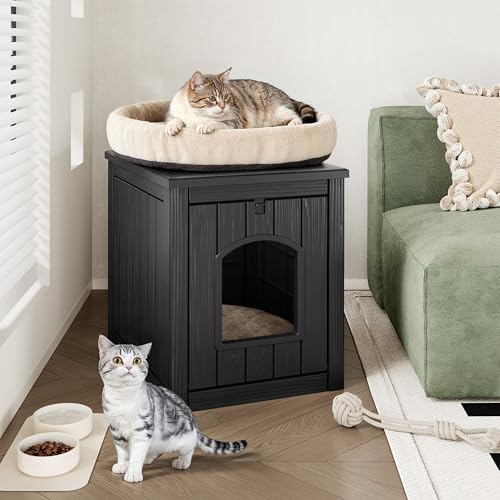 Cat Litter Box Enclosure, Plastic Hidden Litter Box Side Table with Openable Front Door, Waterproof & Weatherproof Cat Box Enclosure Cabinet for Indoor & Outdoor Use (Black)