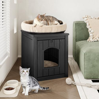 Cat Litter Box Enclosure, Plastic Hidden Litter Box Side Table with Openable Front Door, Waterproof & Weatherproof Cat Box Enclosure Cabinet for Indoor & Outdoor Use (Black)