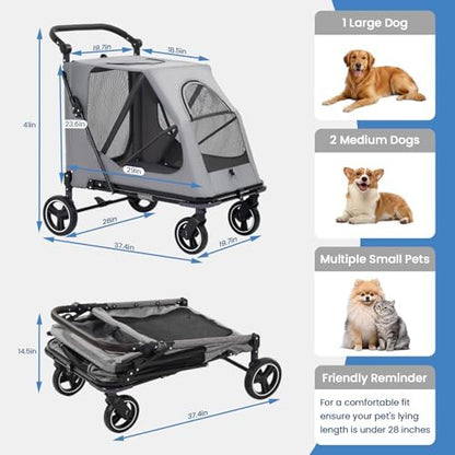 Dog Stroller for Large/Medium Dogs,Pet Stroller Up to 176 lbs,Extra Large Foldable Stroller for 2 Dogs Cats,Full-Open Sunshade Canopy,Adjustable Handle(Gray)