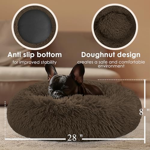 28in Large Dog Bed, Calming Donut Bed for Puppy and Kitten (Coffee)