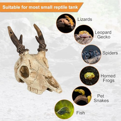 Mini Deer Skull Reptile Hide, Resin Tank Decor for Geckos, Snakes & Spiders