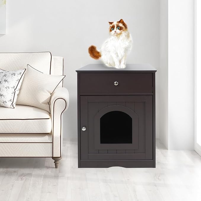 Large Wood House for Cats Litter Box Enclosure Furniture Hidde Out Box with Cabinet Drawer Indoor Pet House Side Table Wooden Crate (Brown)