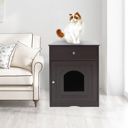 Large Wood House for Cats Litter Box Enclosure Furniture Hidde Out Box with Cabinet Drawer Indoor Pet House Side Table Wooden Crate (Brown)