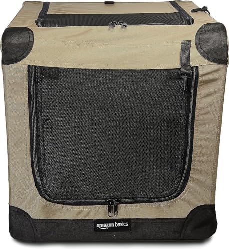 Amazon Basics Portable Folding Soft Dog Crate, 2-Door, Collapsible Travel Kennel, Top & Front Loading, Small 26" x 18" x 18", Tan