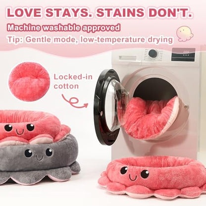 Jiupety Cute Calming Dog Beds Clearance for Medium Small Dogs, Anxiety Bolster Dog Bed with Octopus Shape, Pink, Red, Boho, Round Pet Bed Cat with Removable Cushion
