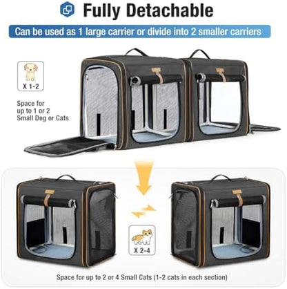 Lekereise Large Cat Carrier for 2 Cats, 2-in-1 Cat Travel Carrier with Litter Box, (17.7" x2) x16.5"x13" Pet Carrier with Zipper Locks for Moving Across The Country (No Hammock) - Black