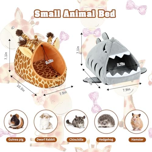 YUEPET Guinea Pig Bed 2 Pack, Warm Guinea Pig Hideouts, Shark & Giraffe