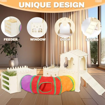 Extra Large Wooden Rabbit Hideout with Tunnels and Hay Feeder - Multistory Bunny Castle with Stairs, Climbing Tower and Sturdy Habitat for Indoor Bunnies, Guinea Pigs, Chinchillas Small Animal