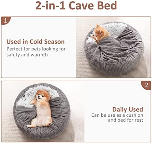 MIXJOY Small Dog Bed Cat Bed with Blanket Attached, Round Hooded Cozy Dog Cave Beds for Small Dogs, Soft Plush Cuddler Puppy Pet Bed, Anti-Slip Bottom, 23inch