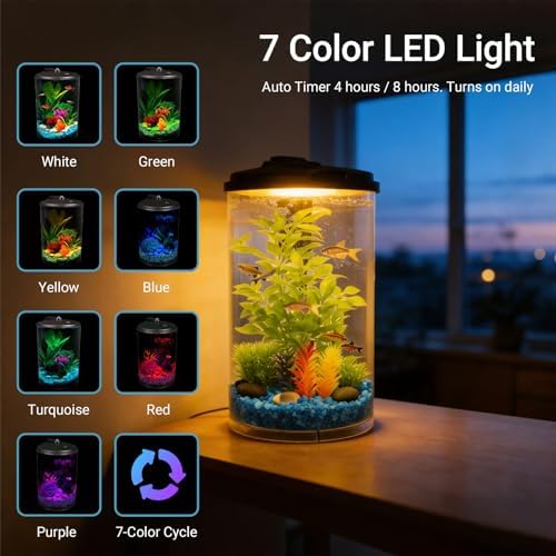 Koller Products 3-Gallon 360 Aquarium with LED Lighting (7 Color Selections) and Power Filter, Impact-Resistant Plastic, Ideal for a Variety of Tropical Fish