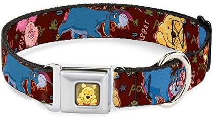 Dog Collar Seatbelt Buckle Mickey Mouse Expressions Close Up Black White 16 to 23 Inches 1.5 Inch Wide | Winnie The Pooh Character Poses Durable Metal Adjustable ID Tag Ring