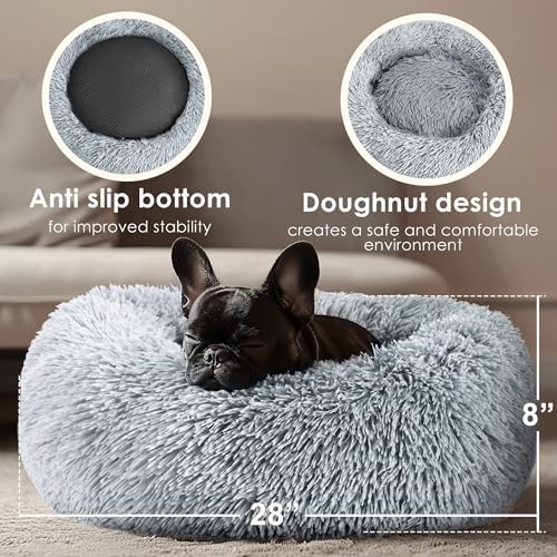 28in Large Dog Bed, Calming Donut Bed for Puppy and Kitten (Light Grey)