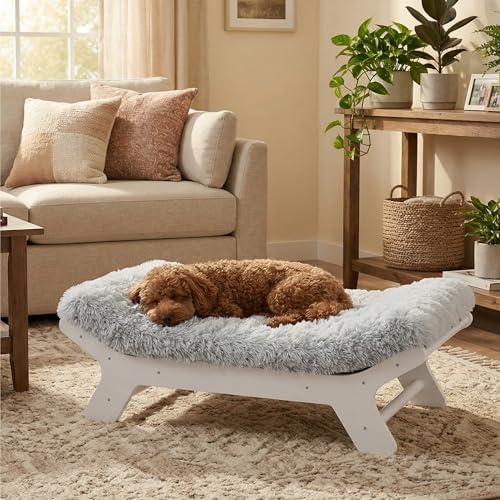 Muihood Elevated Wood Dog Bed Frame Mat Set, Whitecolor, Medium