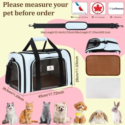 Cat Carrier - Cat Carrier Soft with Plush Pad & Cooling Mat, Easy-Load 4-Side Zipper & 3-Side Mesh Ventilation, Pet Carrier Airline Approved for Cats/Dogs Up to 16 lbs, Blue
