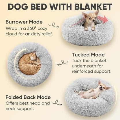 Himax Small Cat & Dog Bed with Cover, Calming Dog Bed for Small Dogs,Anti-Anxiety Donut Dog Bed with Attached Blanket,Washable Round Fluffy Pet Bed (20"/26"/35"), Light Grey
