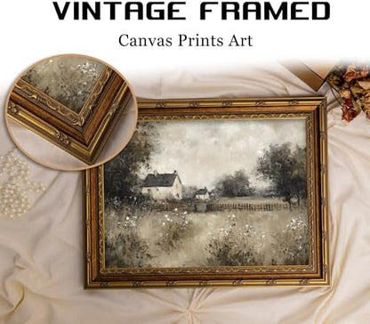 Vintage Gold Framed Wall Art, Country Cottage Landscape Oli Painting Canvas Print, Retro Neutral Rural House Picture Wall Decor, Rustic Farmhouse Poster Artwork for Nursery Bedroom Living Room