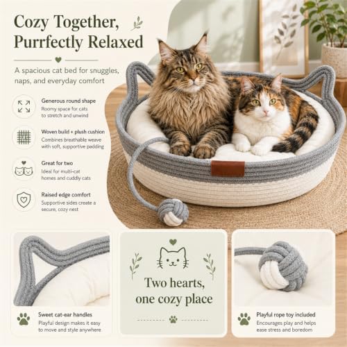 Instinct Cat Basket Bed, Handwoven Cotton Rope Cat Bed with Toy Ball and Cat Ear Handles, Breathable Scratch-Friendly Round Woven Basket for Indoor Cats and Kittens Grey
