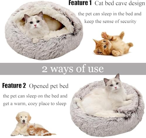 Keep Warm Lapcatz Nest Bed, Cat Bed Round Fluffy Hooded Cat Bed Cave, Anti-Slip Bottom and Machine Washable,Removable Washable Round Beds for Small Medium Pets (Grey,70cm/27.5inch)