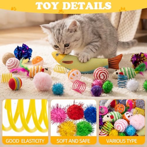 Leitee 40 Pcs Cat Toys with Cat Bed Storage Basket, White,Grey