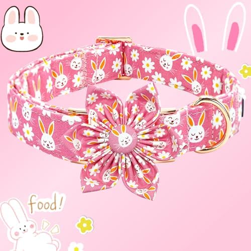 Easter Dog Collar-Pink Rabbit Print Adjustable Cute Pet Collar Soft Pink Flower Dog Collars with Flower Holiday Cotton Metal Buckle Puppy Collar Gift for Medium Dogs