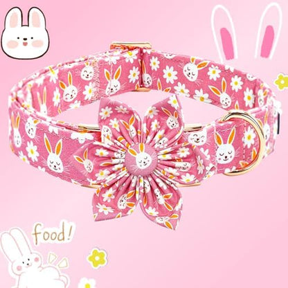 Easter Dog Collar-Pink Rabbit Print Adjustable Cute Pet Collar Soft Pink Flower Dog Collars with Flower Holiday Cotton Metal Buckle Puppy Collar Gift for X-Large Dogs