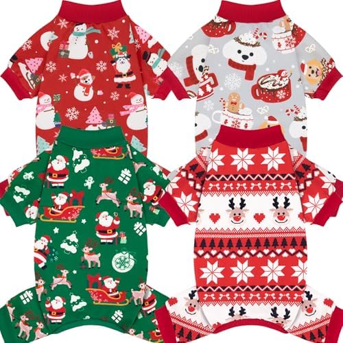 XPUDAC 4 Pack Christmas Dog Pajamas for Small Dogs Pet Clothes, L