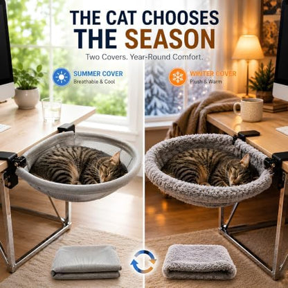 Desk Cat Bed Attachment with Sturdy Steel rame Holds Up to 40 lbs, Foldable 90° Space-Saving Design, Washable Covers for Summer & Winter, Rubber Grip & Easy No-Drill Setup