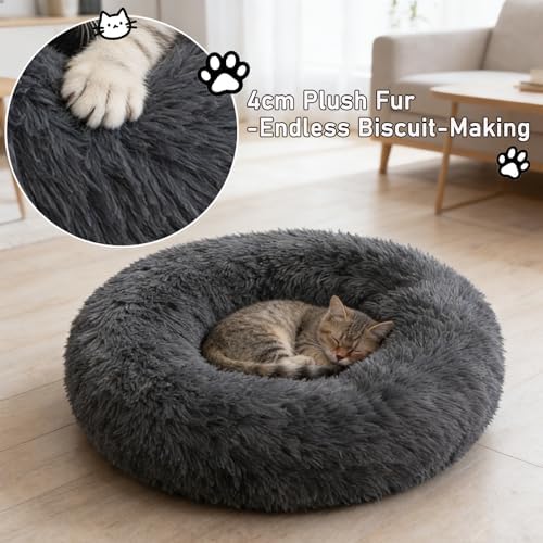 Calming Donut Dog Beds Large Sized Dog - Washable Removable Cover Non-Slip, Round Pet Bed Warming Fluffy Plush Faux Fur Anti-Anxiety Thick Cushion, Fits up to 80 lbs (Dark Grey, 36")