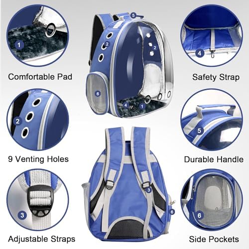 Cat Backpack Carrier, Pet Cat Carrier with Ventilated Design for Carrying Puppy Cats, Pet Carrier Backpack for Traveling/Hiking/Camping/Outdoors Airline Approved Travel Carrier (Blue)