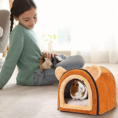 Pet Soft Guinea Pig & Rabbit Cozy Hideout House - Small Animal Bed for Guinea Pigs, Rabbits, Hamsters, Rats & Chinchillas Cave Bed (Brown)