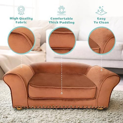 Critter Sitters 34-in. Faux Velvet Sofa in Brown for Medium-Sized Dogs and Cats, Durable and Stylish Dog Bed for Bedroom and Living Room
