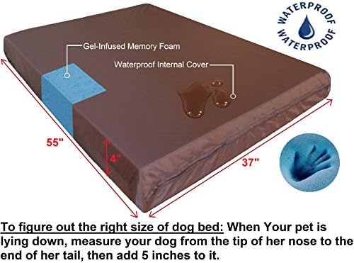 Dogbed4less Orthopedic Gel Memory Foam Pet Dog Bed, Waterproof Liner with External Microsuede Cover and Bonus Antislip Cover (Microsuede Espresso, 55"X37"X4" Inches)